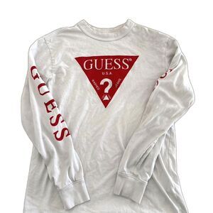 GUESS USA 90s Long Sleeve White Tee Red Triangle Question Mark Logo Graphic Sz S